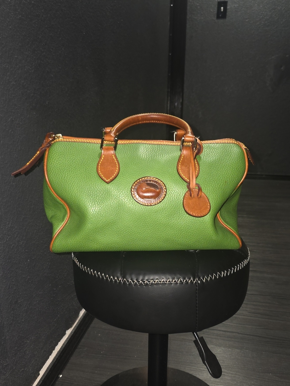 Dooney & Bourke Green Pebbled Leather Satchel with Tan Trim